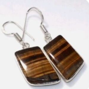 Tiger's Eye Gemstone 925 Sterling Silver Handmade Drop Dangle Earrings